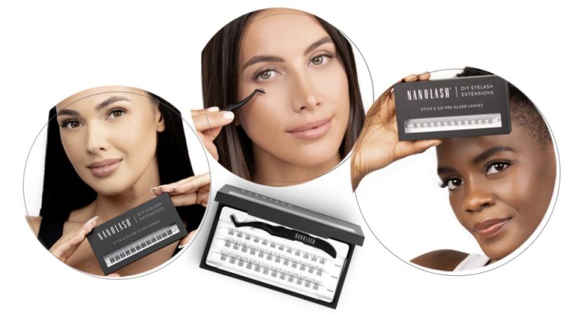 Pestanas postiças previamente coladas para fazer extensões de pestanas em casa nanolash